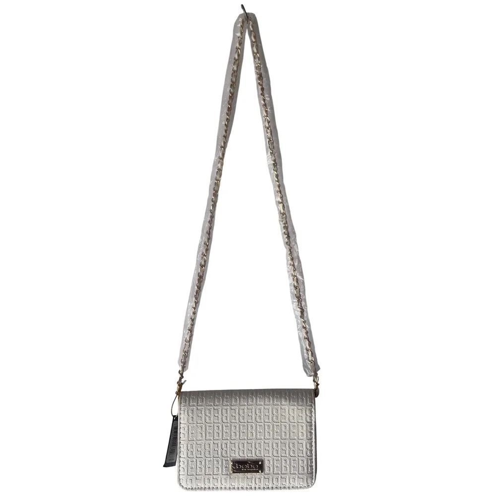 Bebe Los Angeles Crossbody Bag, Embossed Logo Pattern Chain Strap Off White‎ NWT